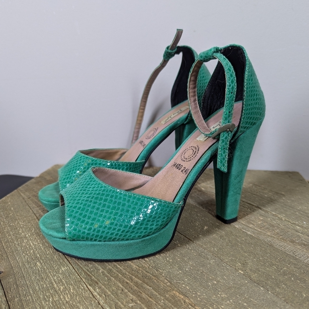 Perez Lete Green Leather Snakeskin Platform Heels Made in Mexico Size 7
